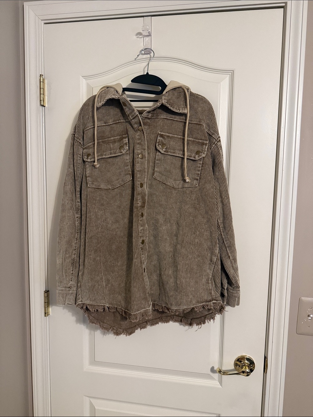 Corduroy Hooded Shacket in Taupe - Women's Jacket & Coat